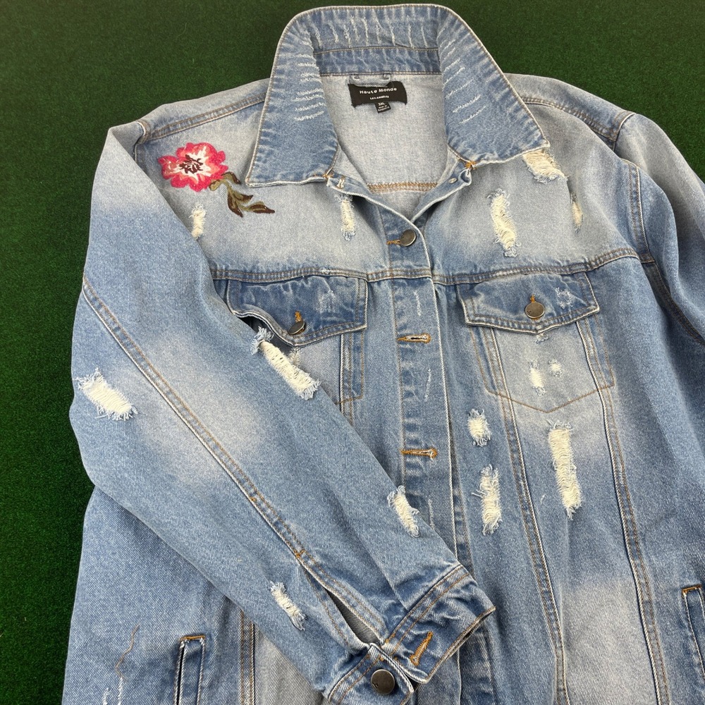 Haute Monde Distressed‎ Denim Jacket Floral Embroidered Blue 3XL